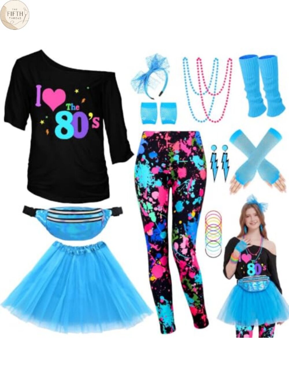 80s Costume Set 25 Pcs T-Shirt Leggings Tutu Fishnet Gloves Fanny Pack Adult